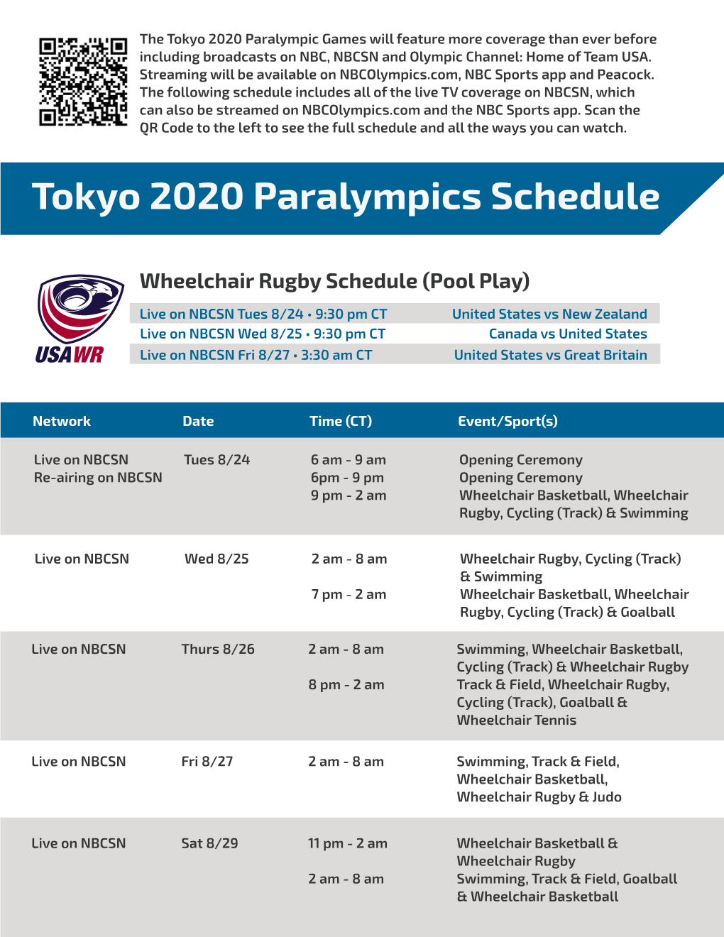 Tokyo 2020 Paralympics Schedule