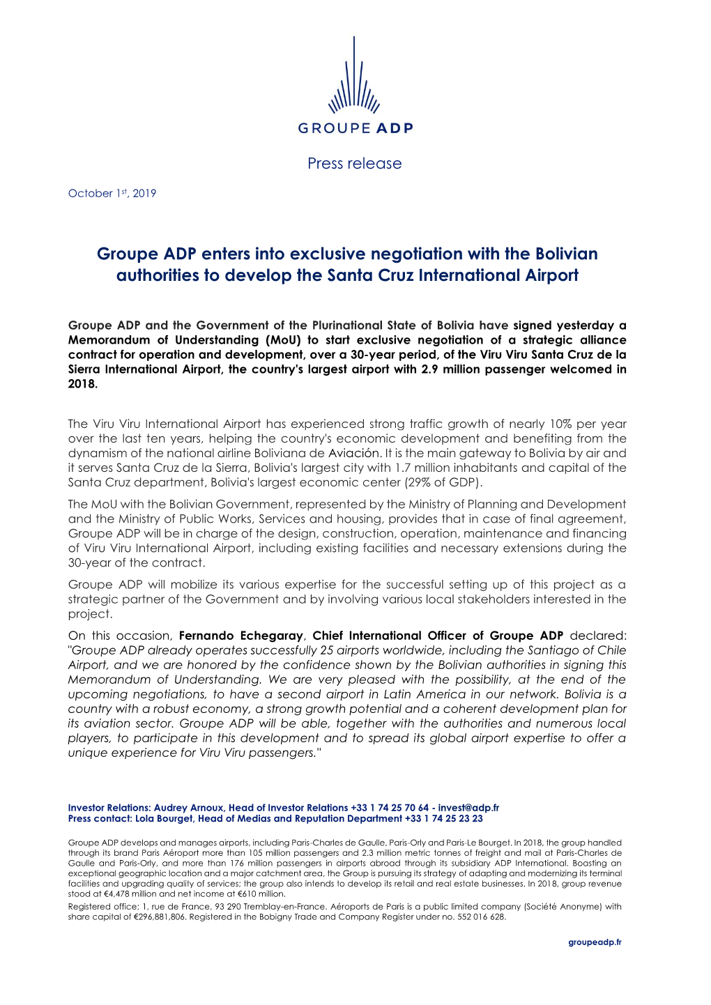 Groupe ADP Enters Into Exclusive Negotiation with the Bolivian Authorities to Develop the Santa Cruz International Airport