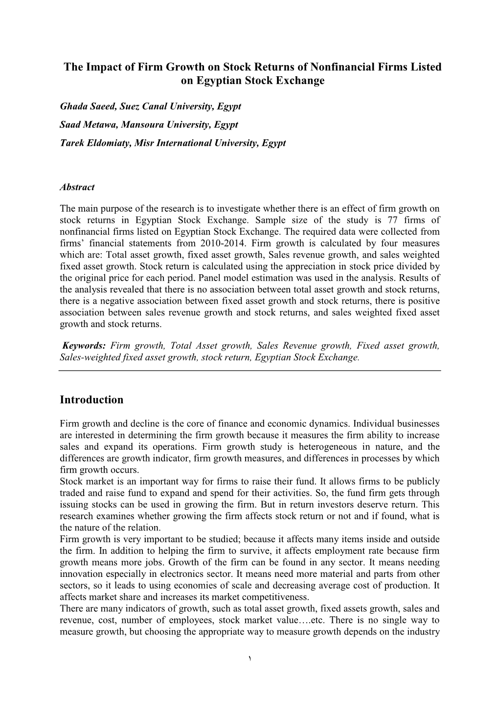 The Impact of Firm Growth on Stock Returns of Nonfinancial Firms Listed on Egyptian Stock Exchange