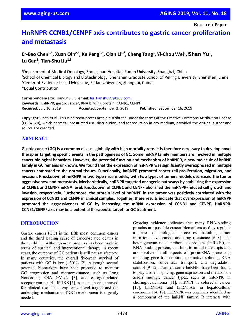 Hnrnpr-CCNB1/CENPF Axis Contributes to Gastric Cancer Proliferation and Metastasis