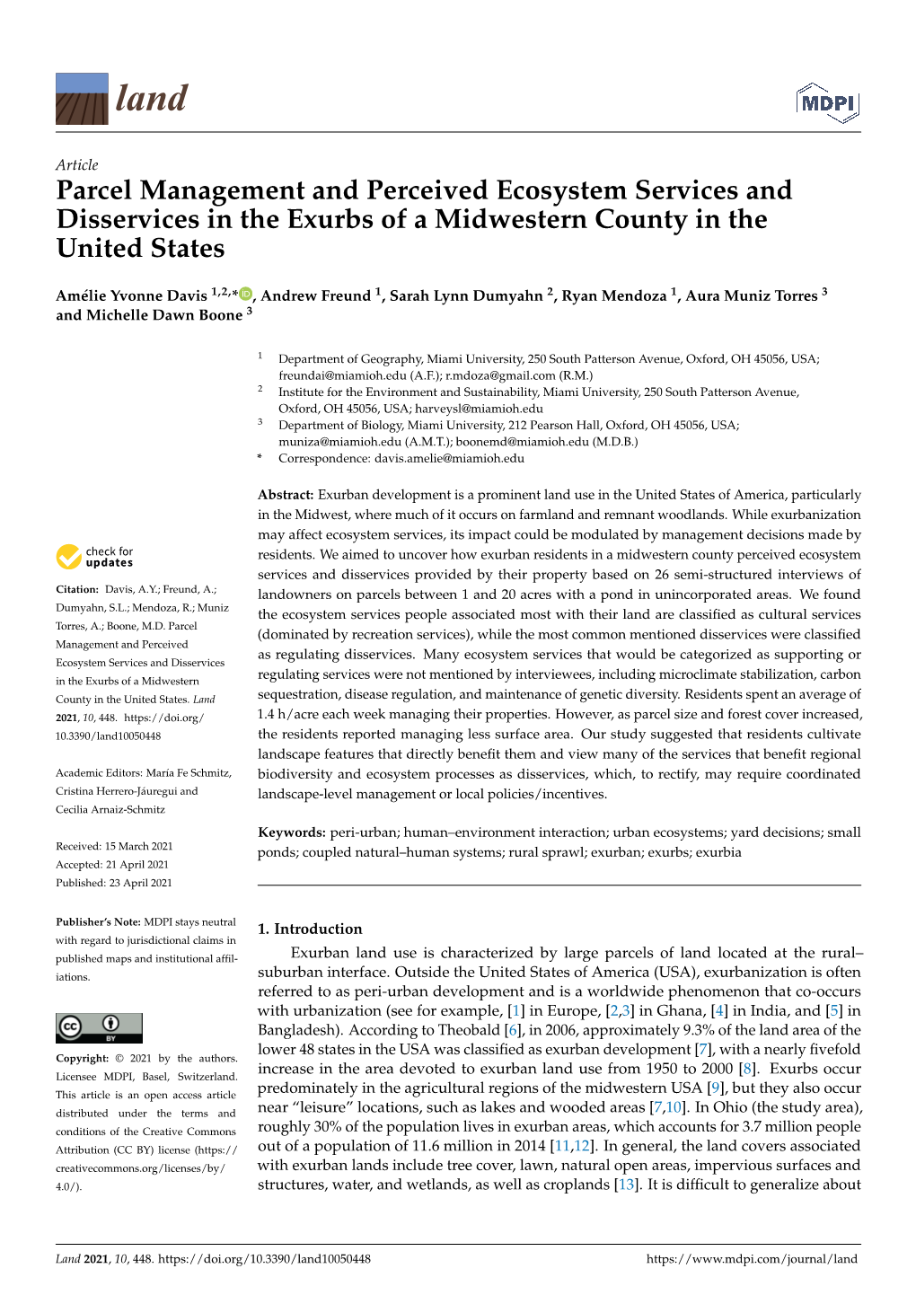 Parcel Management and Perceived Ecosystem Services and Disservices in the Exurbs of a Midwestern County in the United States