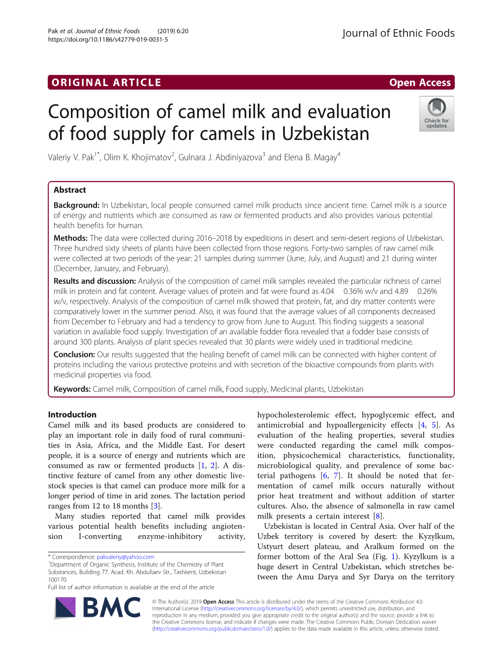 Composition of Camel Milk and Evaluation of Food Supply for Camels in Uzbekistan Valeriy V