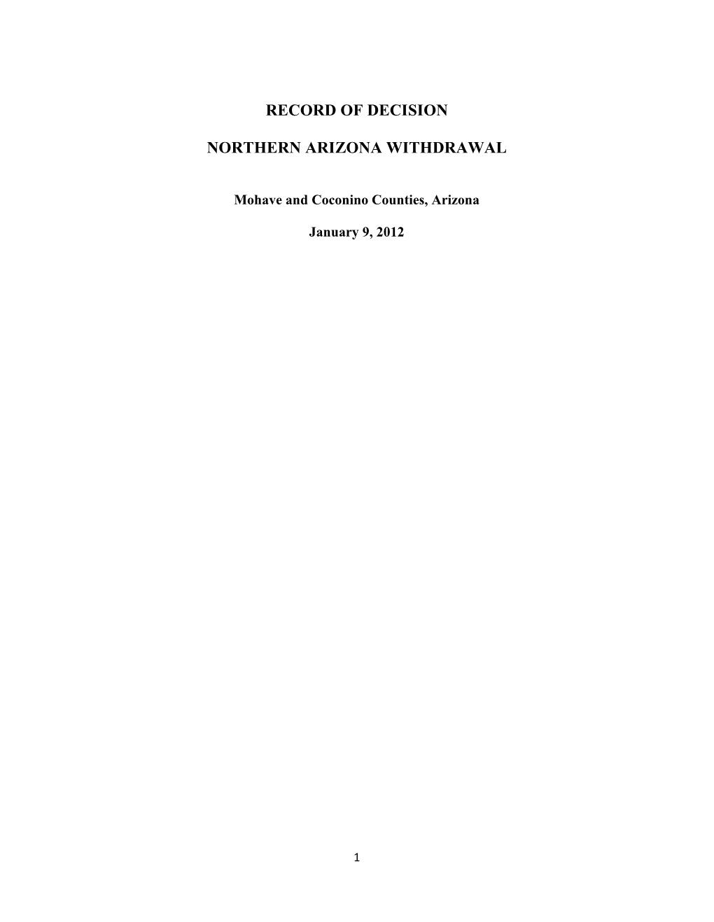 Record of Decision Northern Arizona Withdrawal