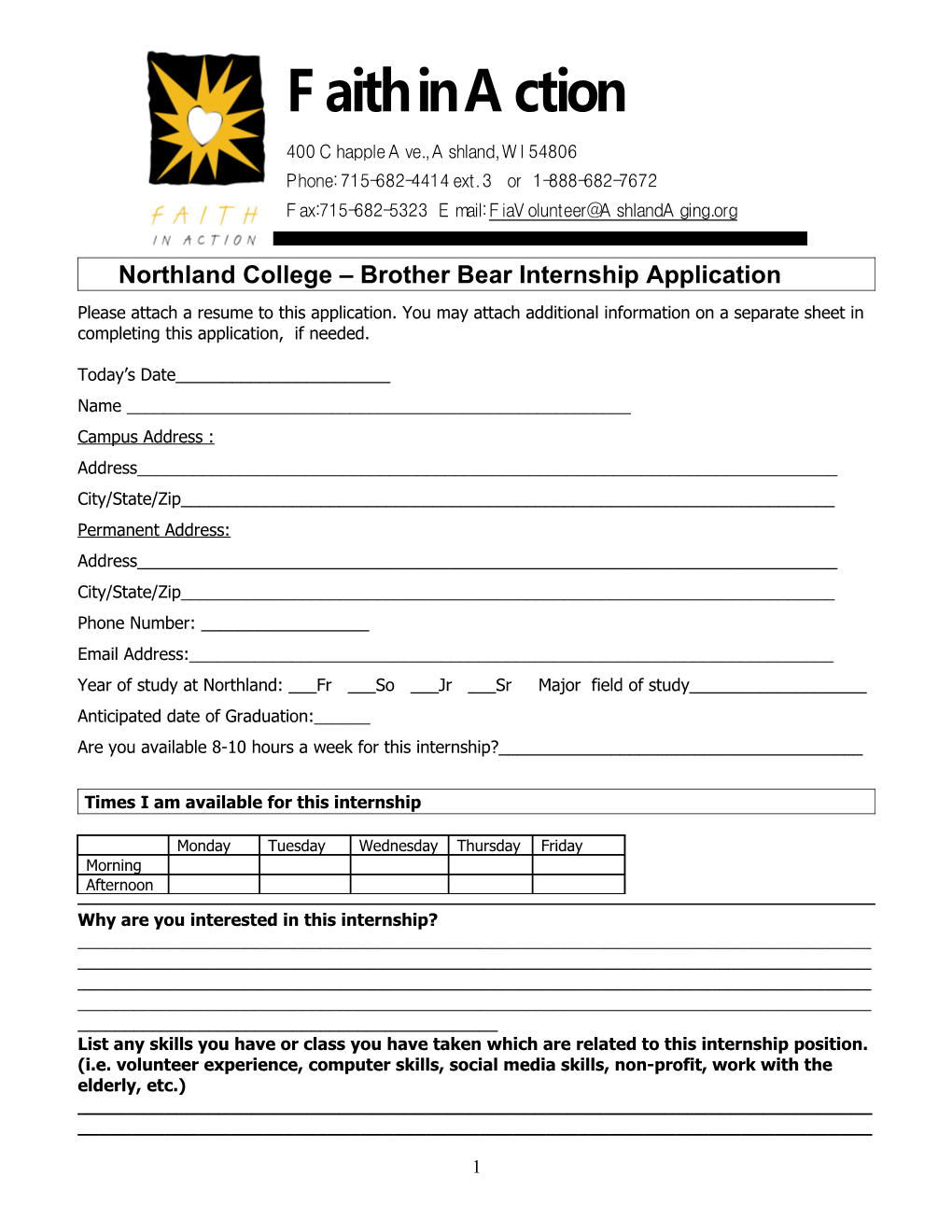 Northland College Brother Bear Internship Application