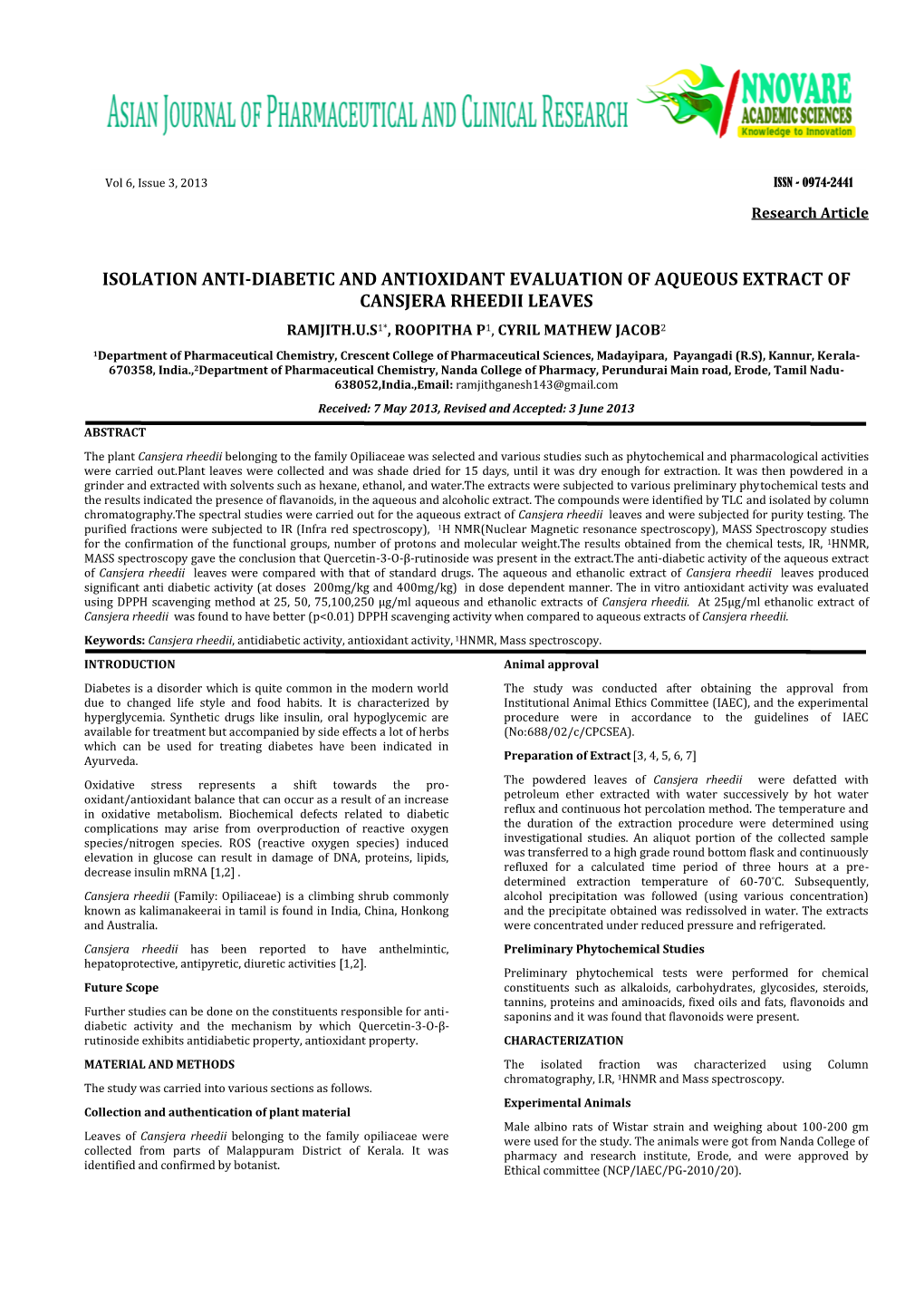 Isolation Anti-Diabetic and Antioxidant Evaluation of Aqueous Extract Of