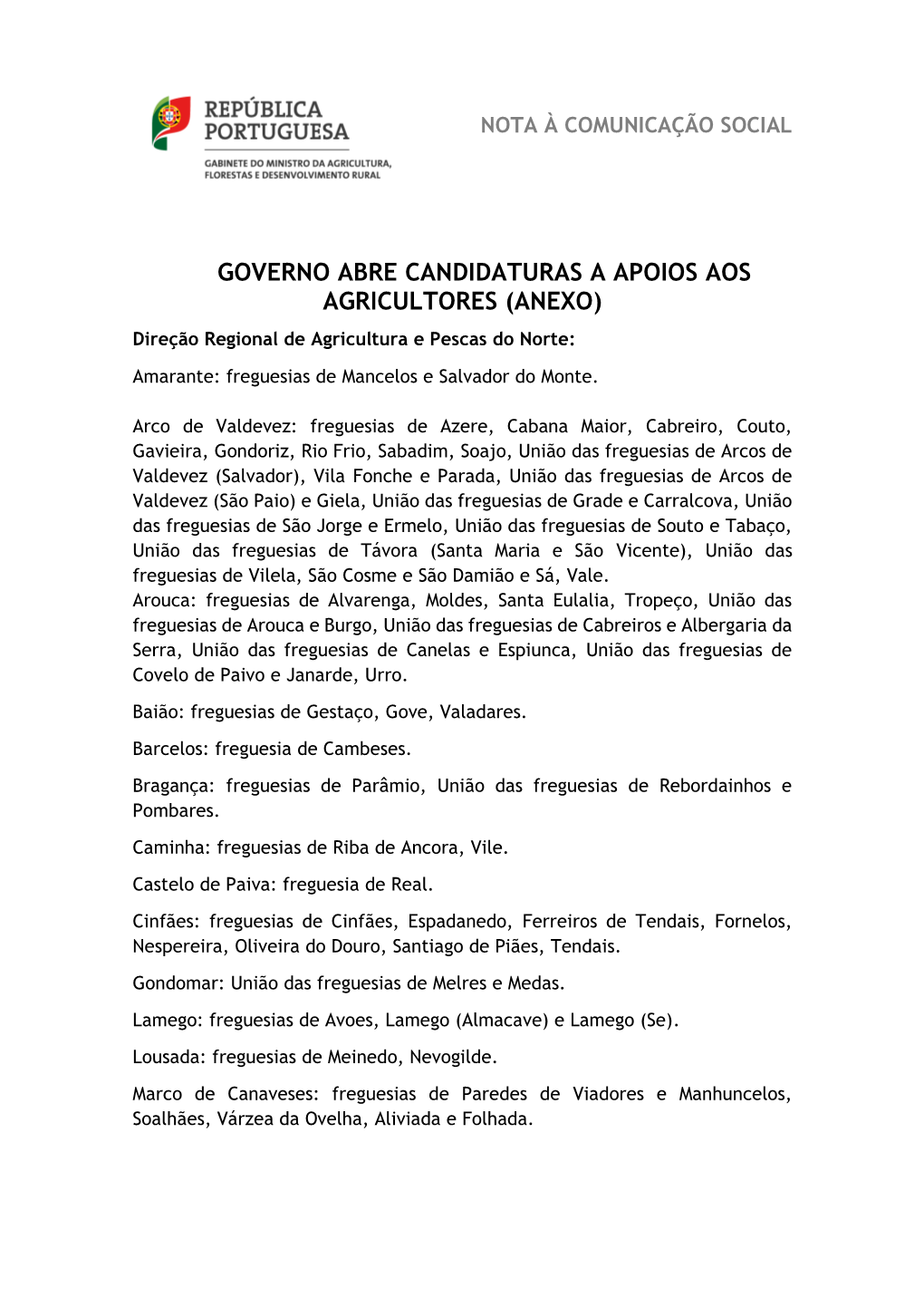 GOVERNO ABRE CANDIDATURAS a APOIOS AOS AGRICULTORES (ANEXO) Direção Regional De Agricultura E Pescas Do Norte