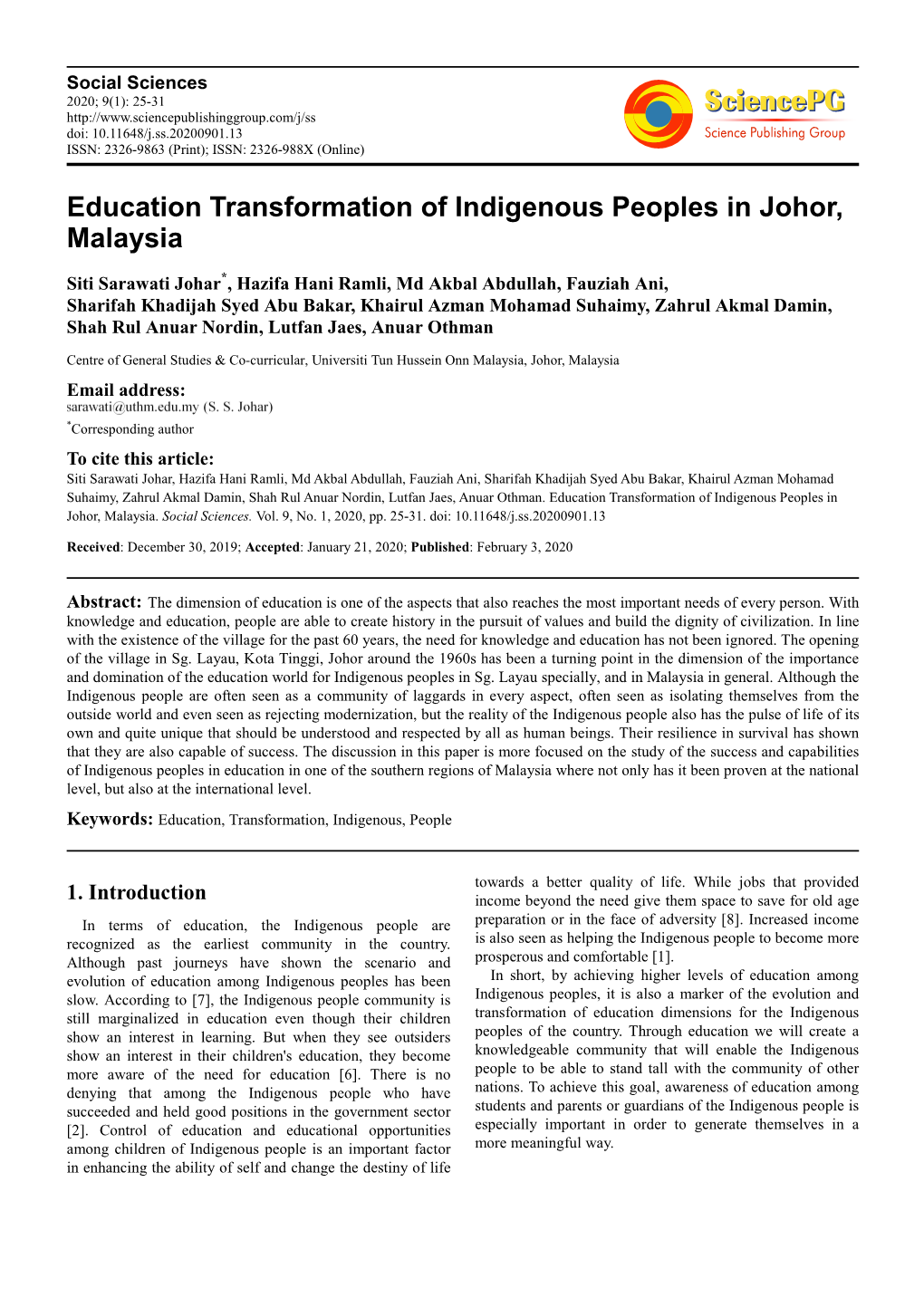 Education Transformation of Indigenous Peoples in Johor, Malaysia