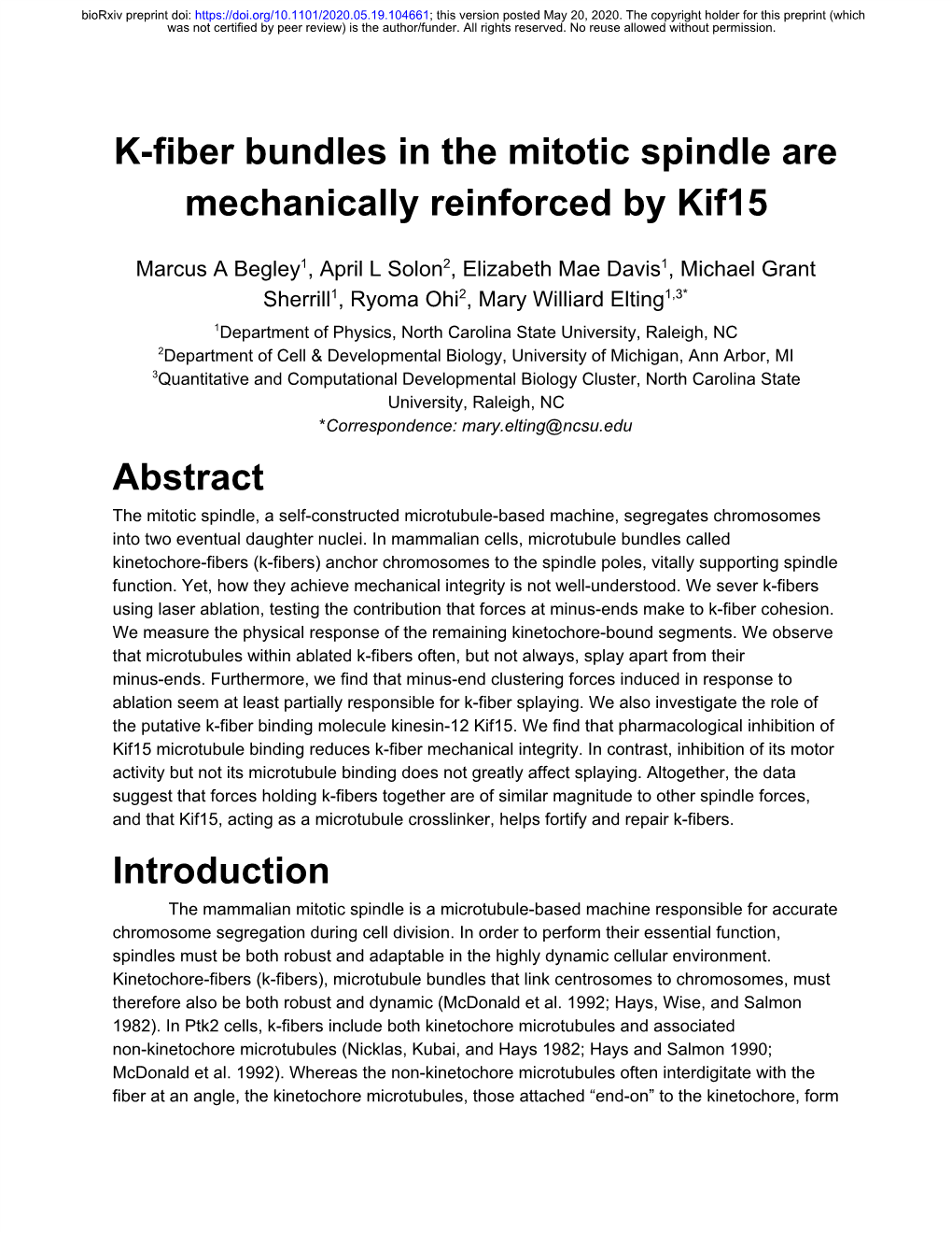 K-Fiber Bundles in the Mitotic Spindle Are Mechanically Reinforced by Kif15