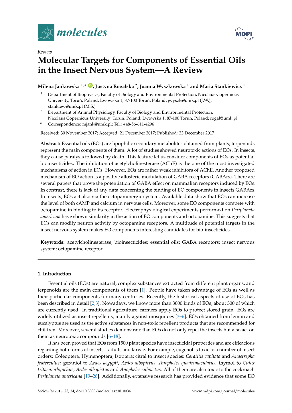 Molecular Targets for Components of Essential Oils in the Insect Nervous System—A Review