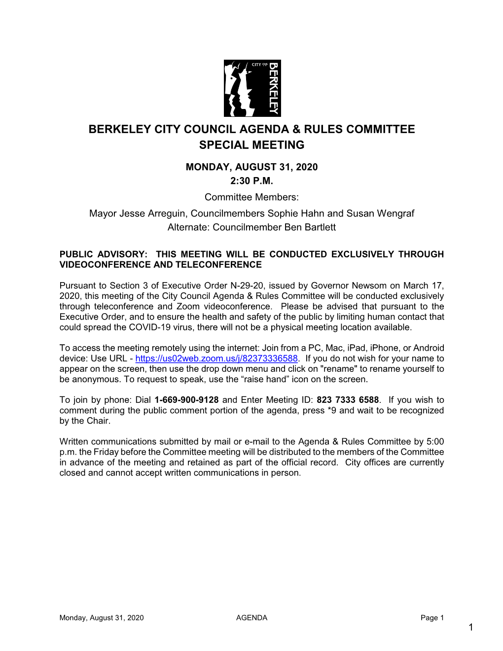 Berkeley City Council Agenda & Rules Committee Special