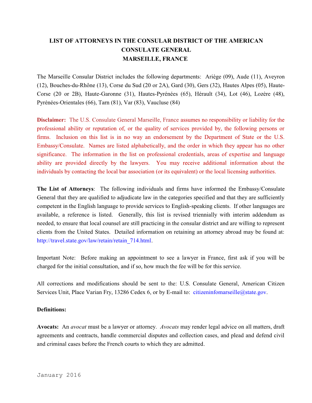 January 2016 LIST of ATTORNEYS in the CONSULAR DISTRICT OF