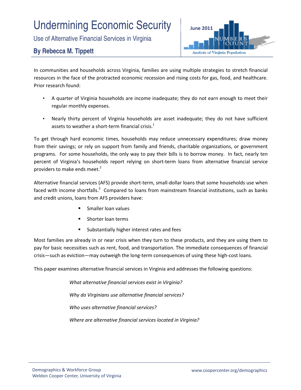 Undermining Economic Security June 2011 Use of Alternative Financial Services in Virginia