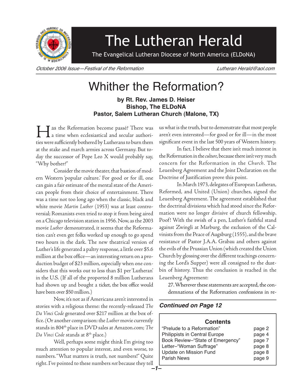 The Lutheran Herald the Evangelical Lutheran Diocese of North America (Eldona)