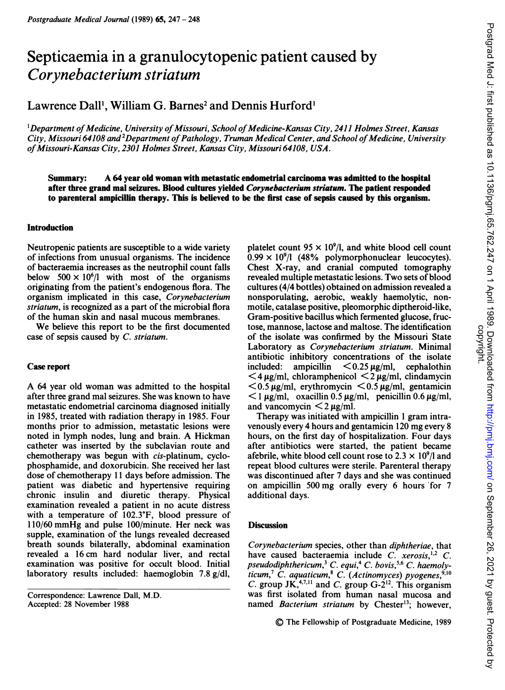 Septicaemiain a Granulocytopenic Patientcaused By