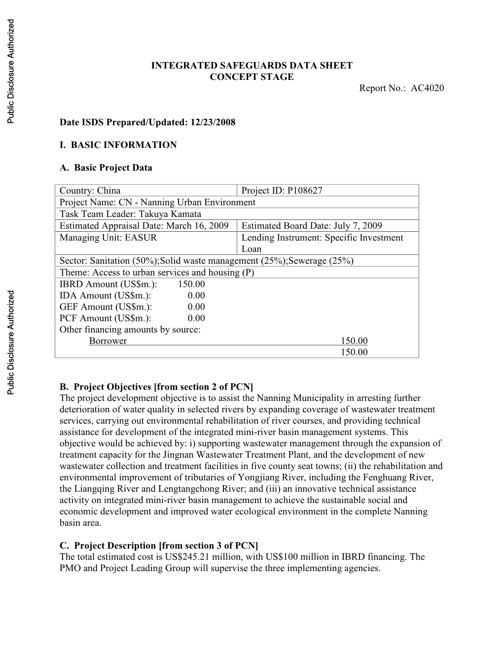 INTEGRATED SAFEGUARDS DATA SHEET CONCEPT STAGE Report No.: AC4020