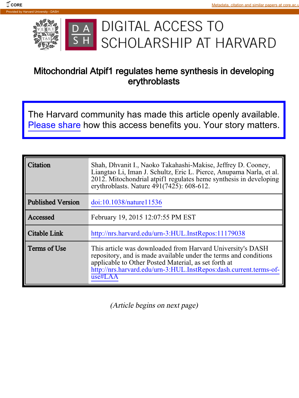 Mitochondrial Atpif1 Regulates Heme Synthesis in Developing Erythroblasts