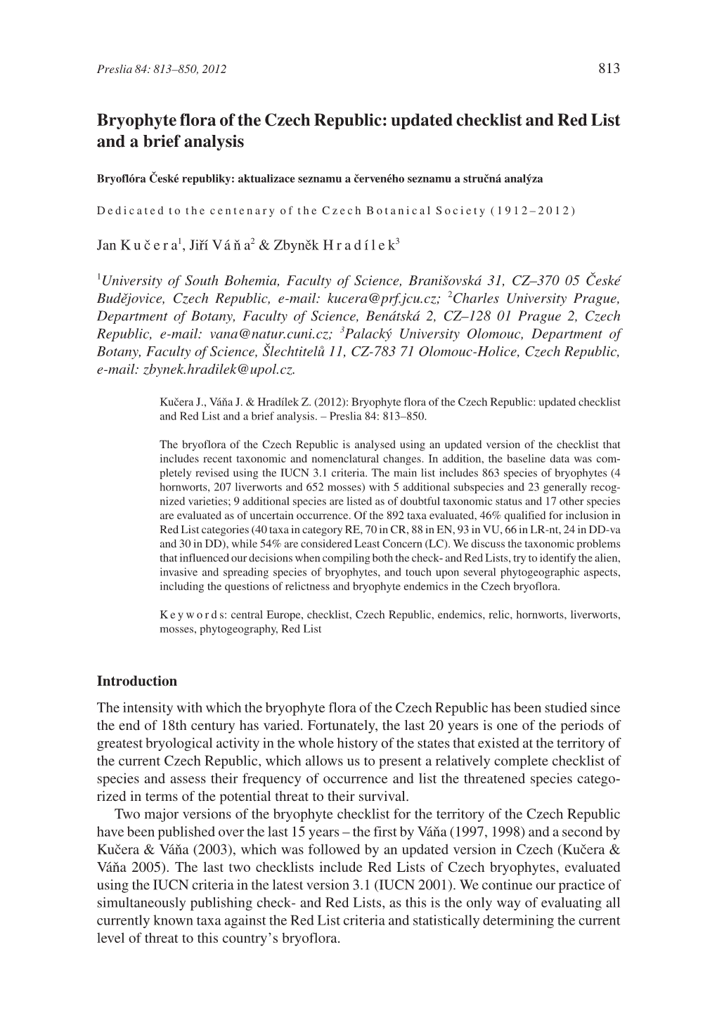 Bryophyte Flora of the Czech Republic: Updated Checklist and Red List and a Brief Analysis