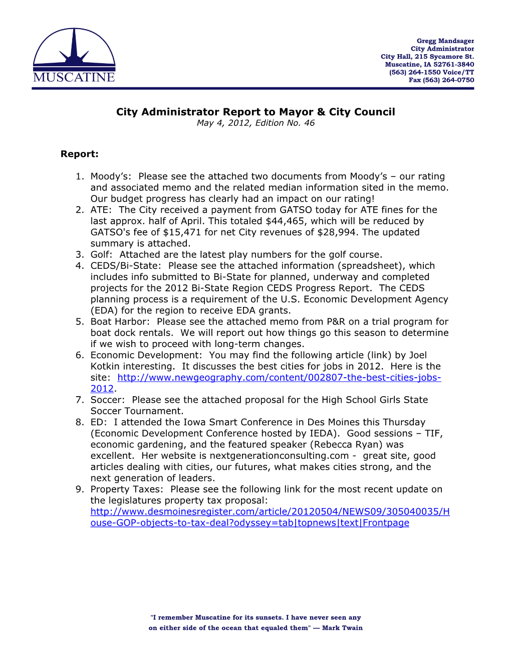 City Administrator Report to Mayor & City Council