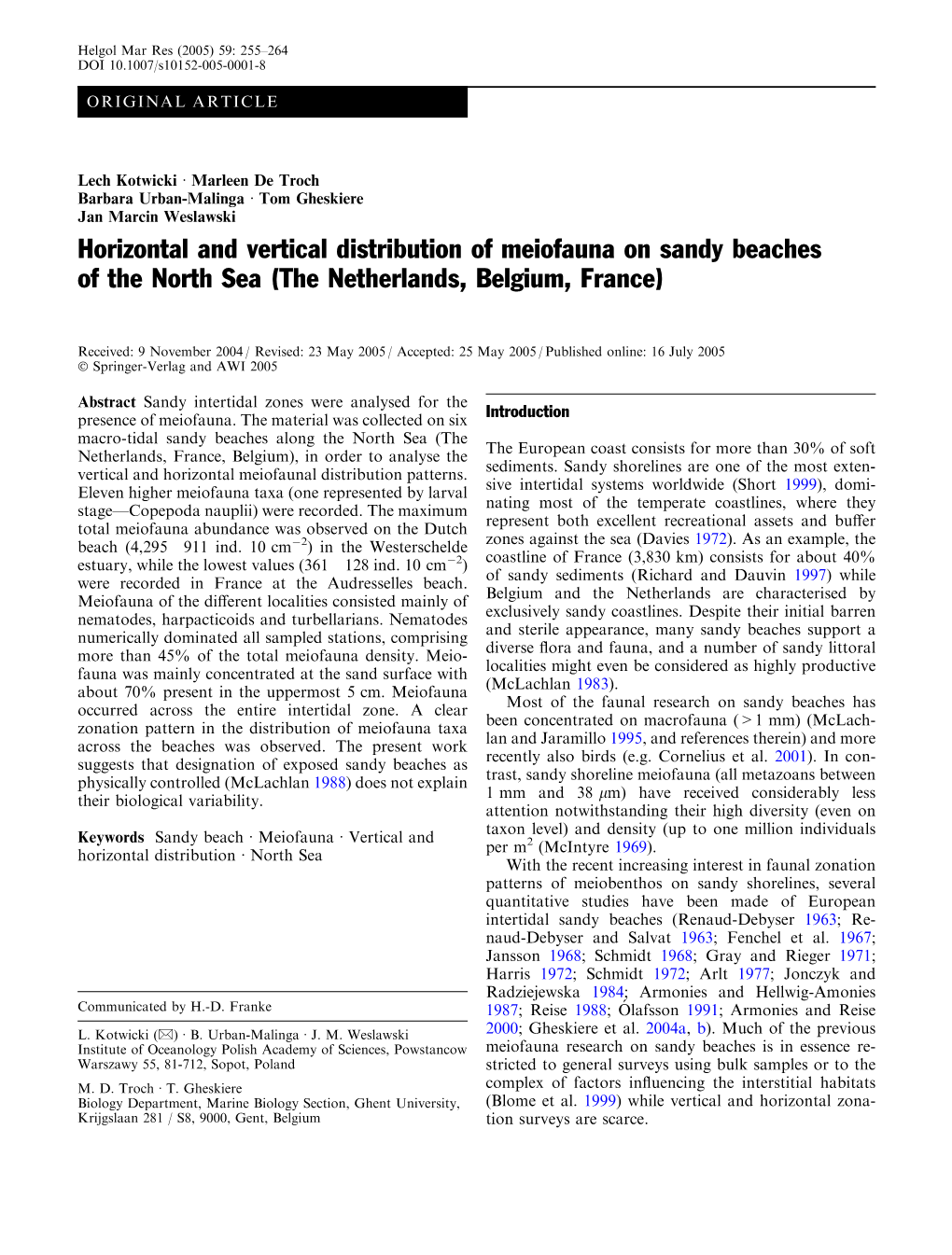 Horizontal and Vertical Distribution of Meiofauna on Sandy Beaches of the North Sea (The Netherlands, Belgium, France)