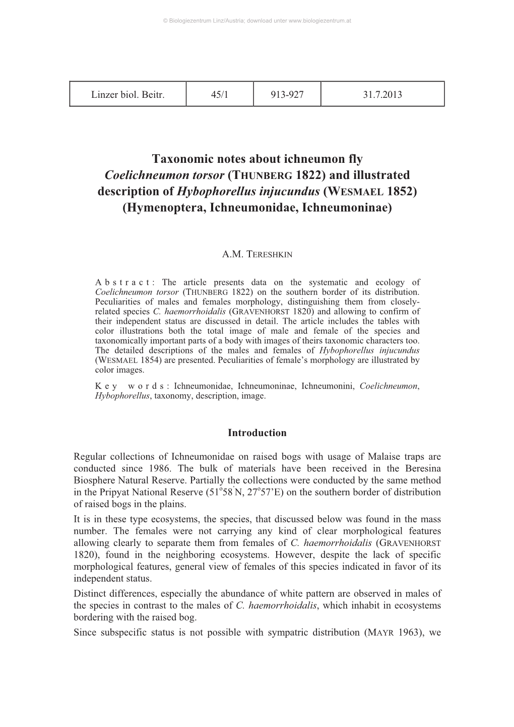 Taxonomic Notes About Ichneumon Fly Coelichneumon Torsor