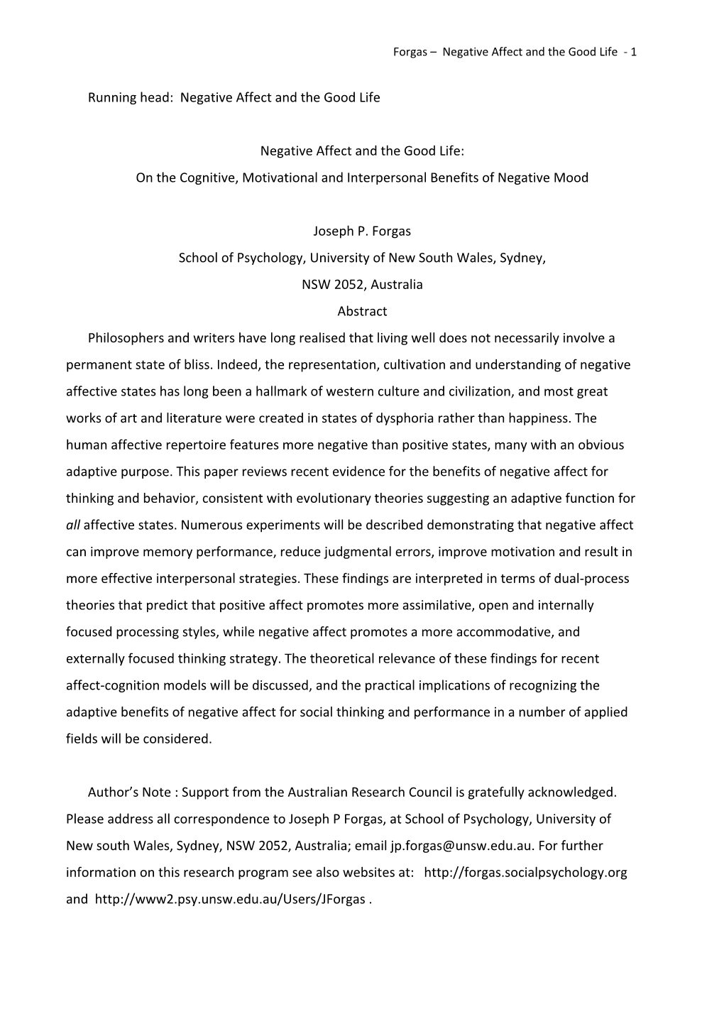 Running Head: Negative Affect and the Good Life Negative Affect and the Good Life: on the Cognitive, Motivational and Interpers