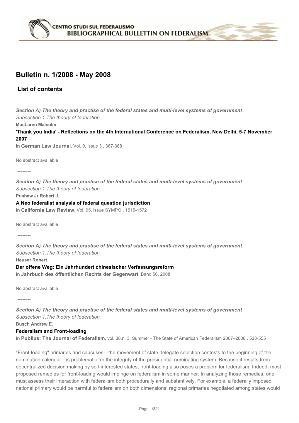 The Bibliographical Bulletin on Federalism
