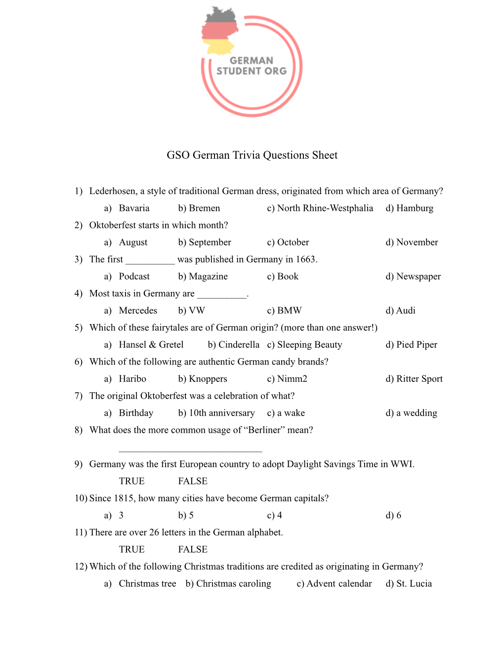 Trivia Questions Sheet