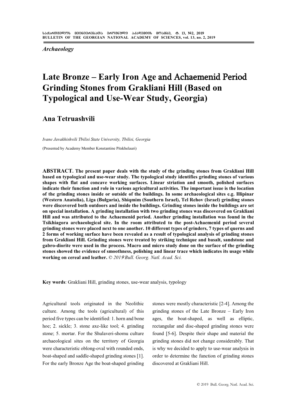 Early Iron Age and Achaemenid Period Grinding Stones from Grakliani Hill (Based on Typological and Use-Wear Study, Georgia)