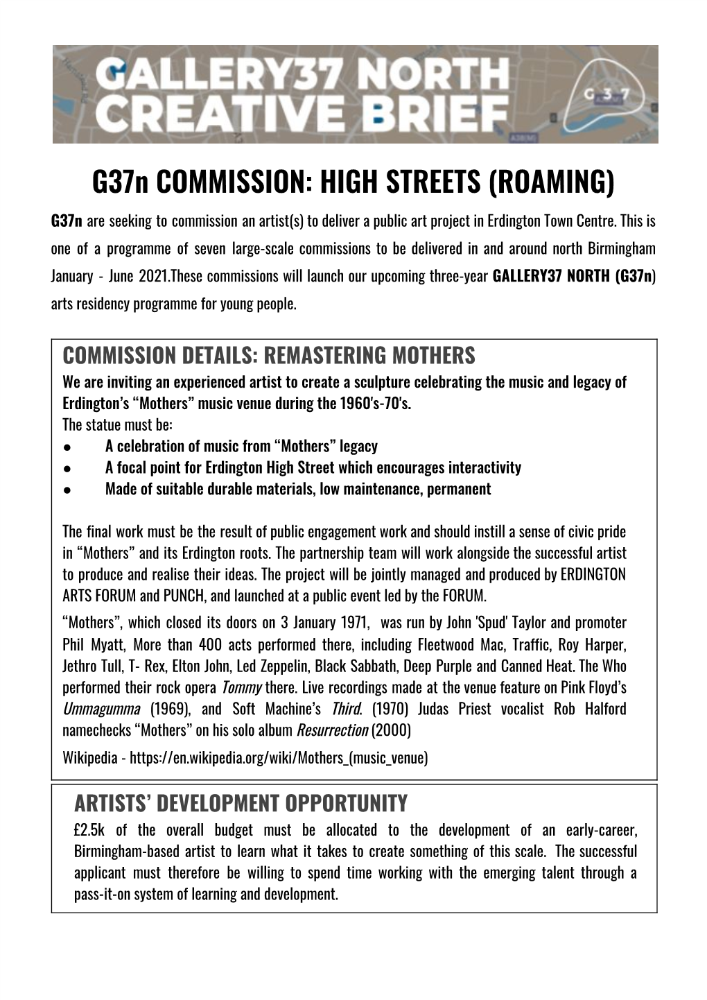 G37n COMMISSION: HIGH STREETS (ROAMING) G37n Are Seeking to Commission an Artist(S) to Deliver a Public Art Project in Erdington Town Centre