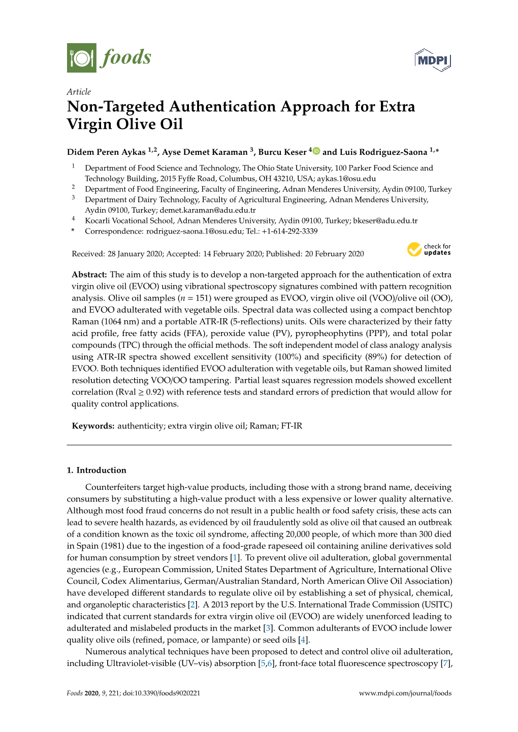 Non-Targeted Authentication Approach for Extra Virgin Olive Oil