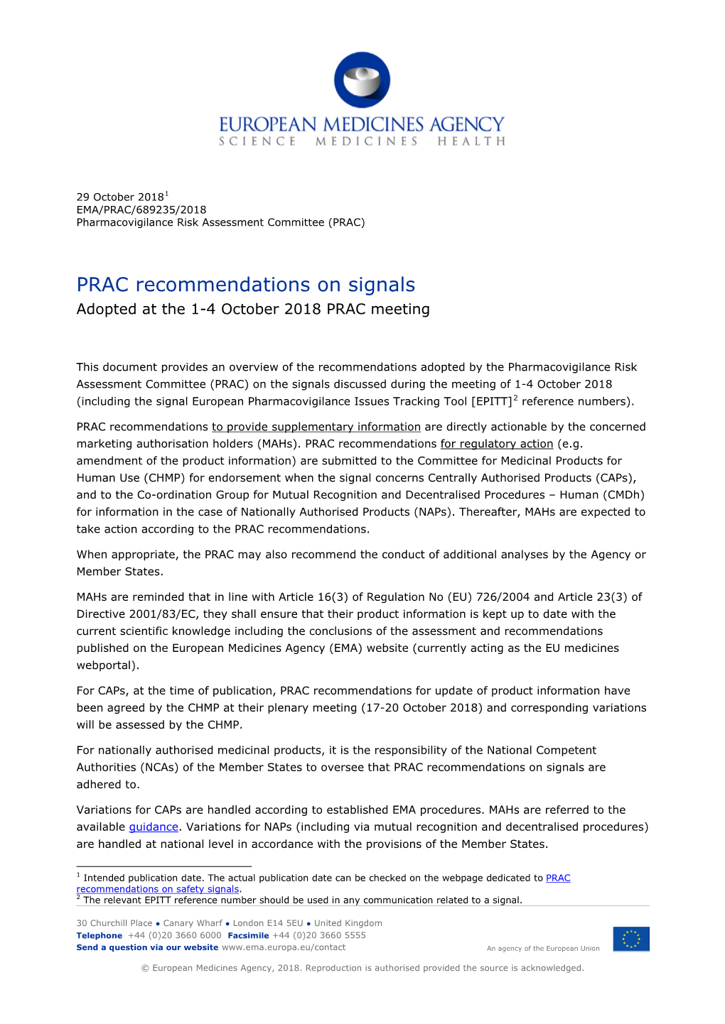 PRAC Recommendations on Signals October 2018