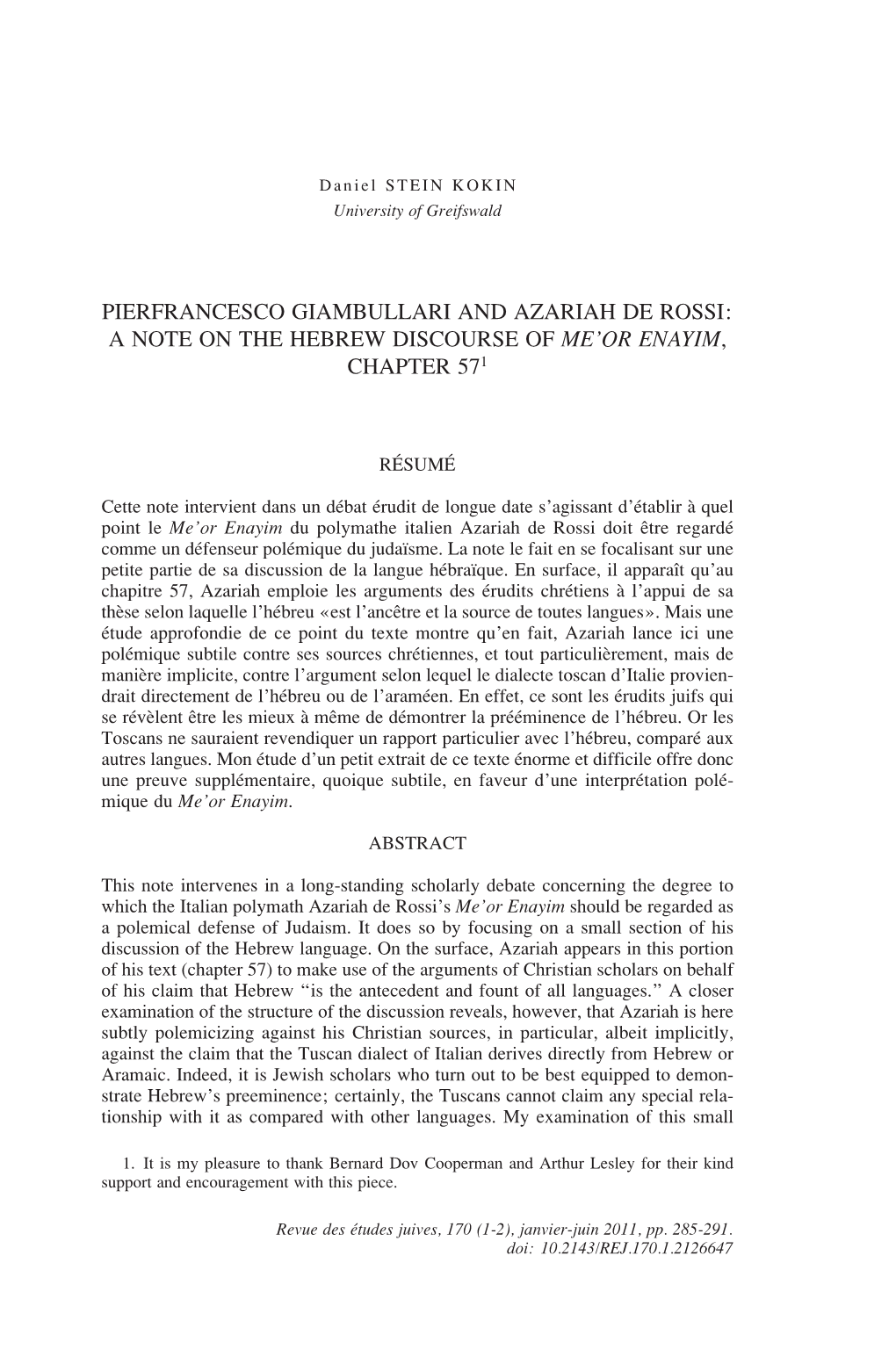 Pierfrancesco Giambullari and Azariah De Rossi: a Note on the Hebrew Discourse of Me’Or Enayim, Chapter 571