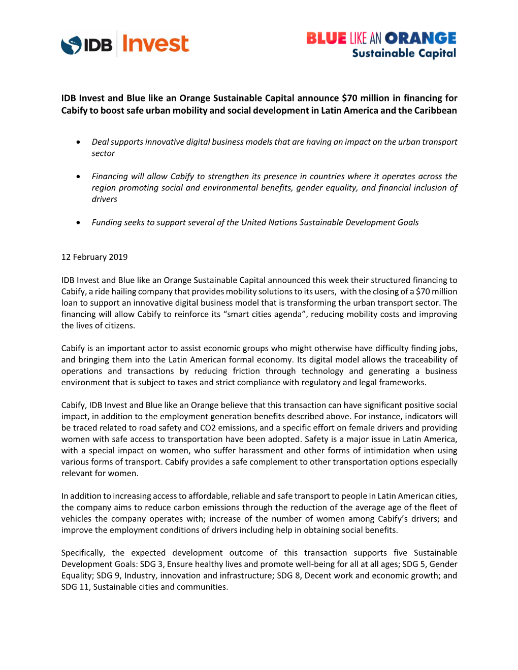 IDB Invest and Blue Like an Orange Sustainable Capital Announce $70 Million in Financing for Cabify to Boost Safe Urban Mobility