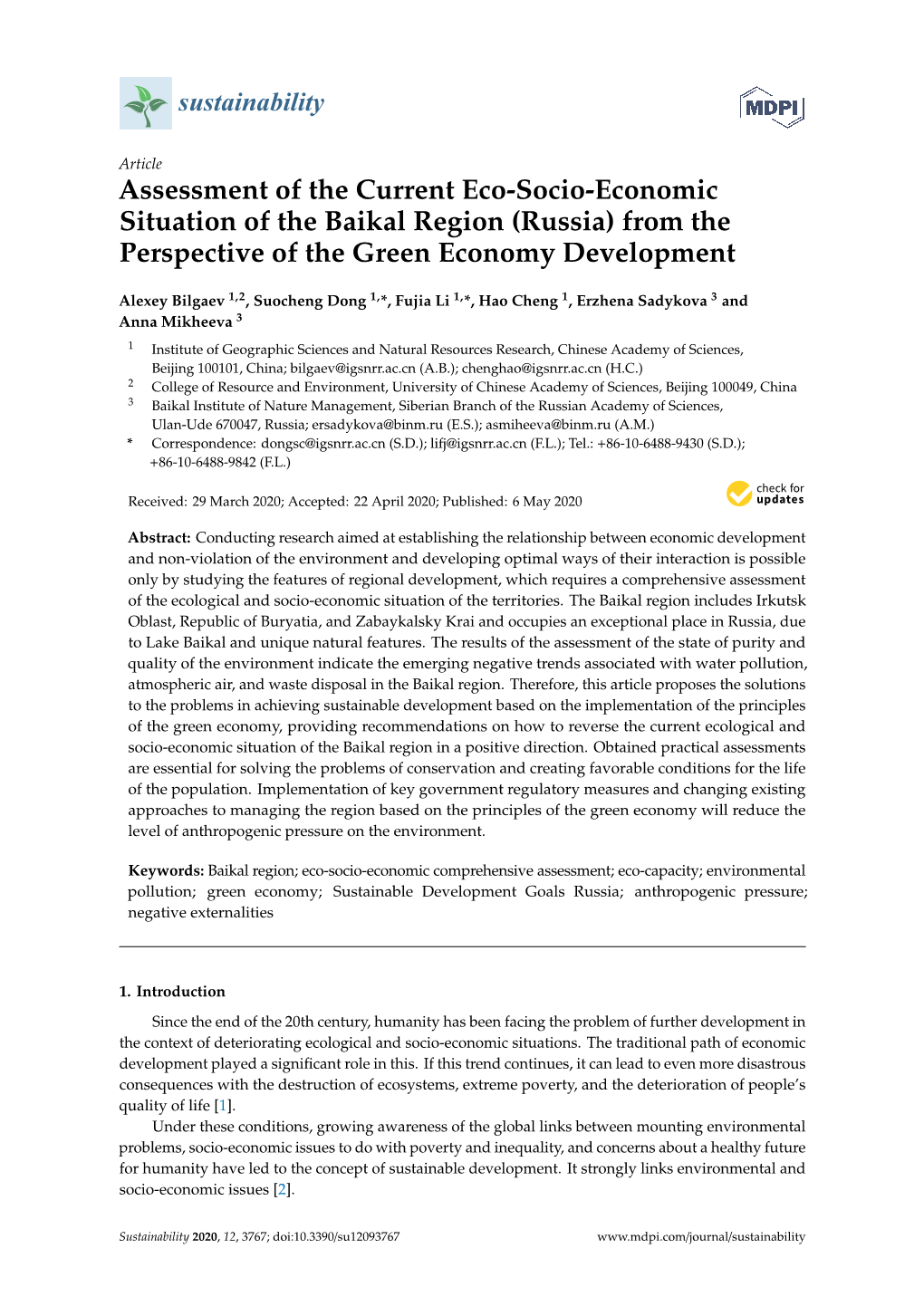 Assessment of the Current Eco-Socio-Economic Situation of the Baikal Region (Russia) from the Perspective of the Green Economy Development