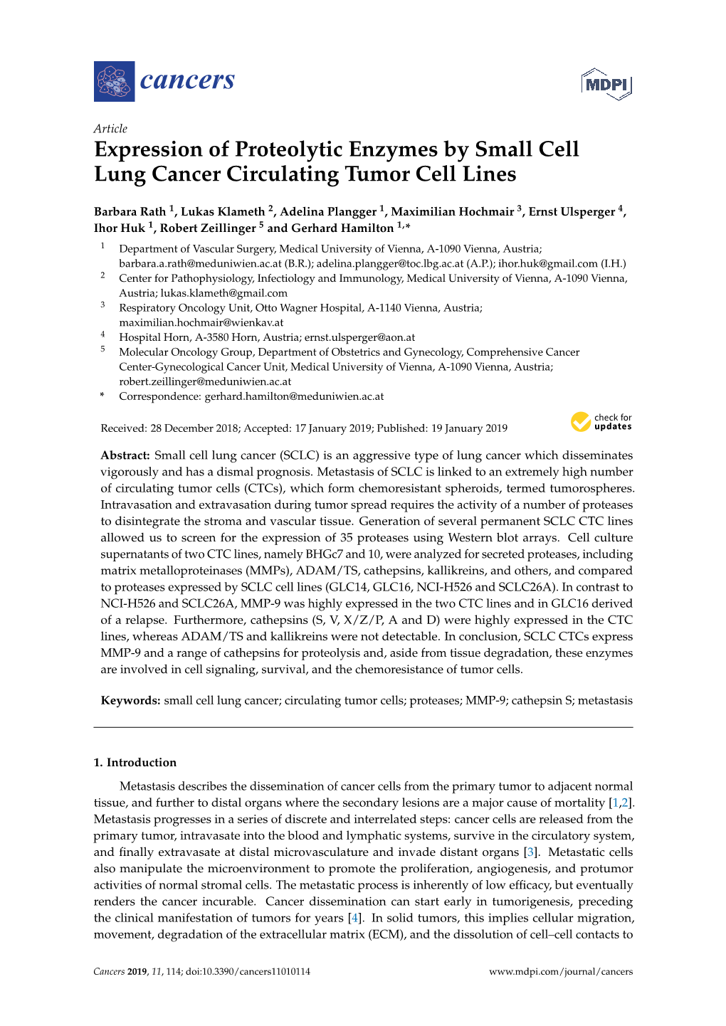 Expression of Proteolytic Enzymes by Small Cell Lung Cancer Circulating Tumor Cell Lines