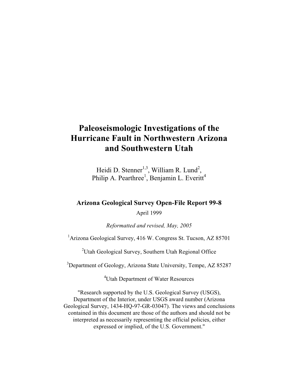 Paleoseismologic Investigations of the Hurricane Fault in Northwestern Arizona and Southwestern Utah