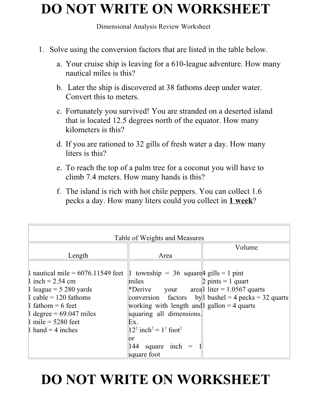 Dimensional Analysis Worksheet