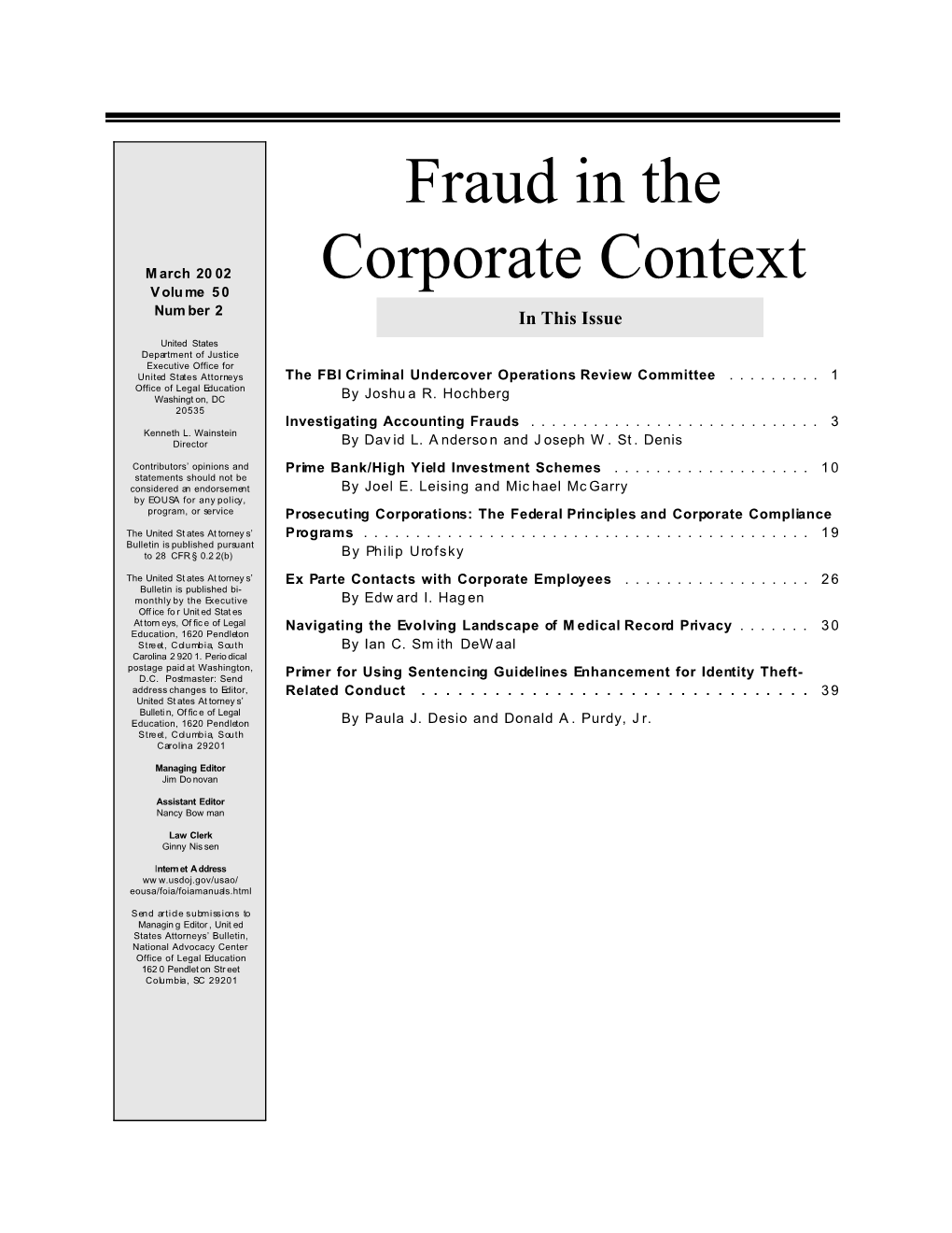 U.S. Attorneys' Bulletin Vol 50 No 02, Fraud in the Corporate Context