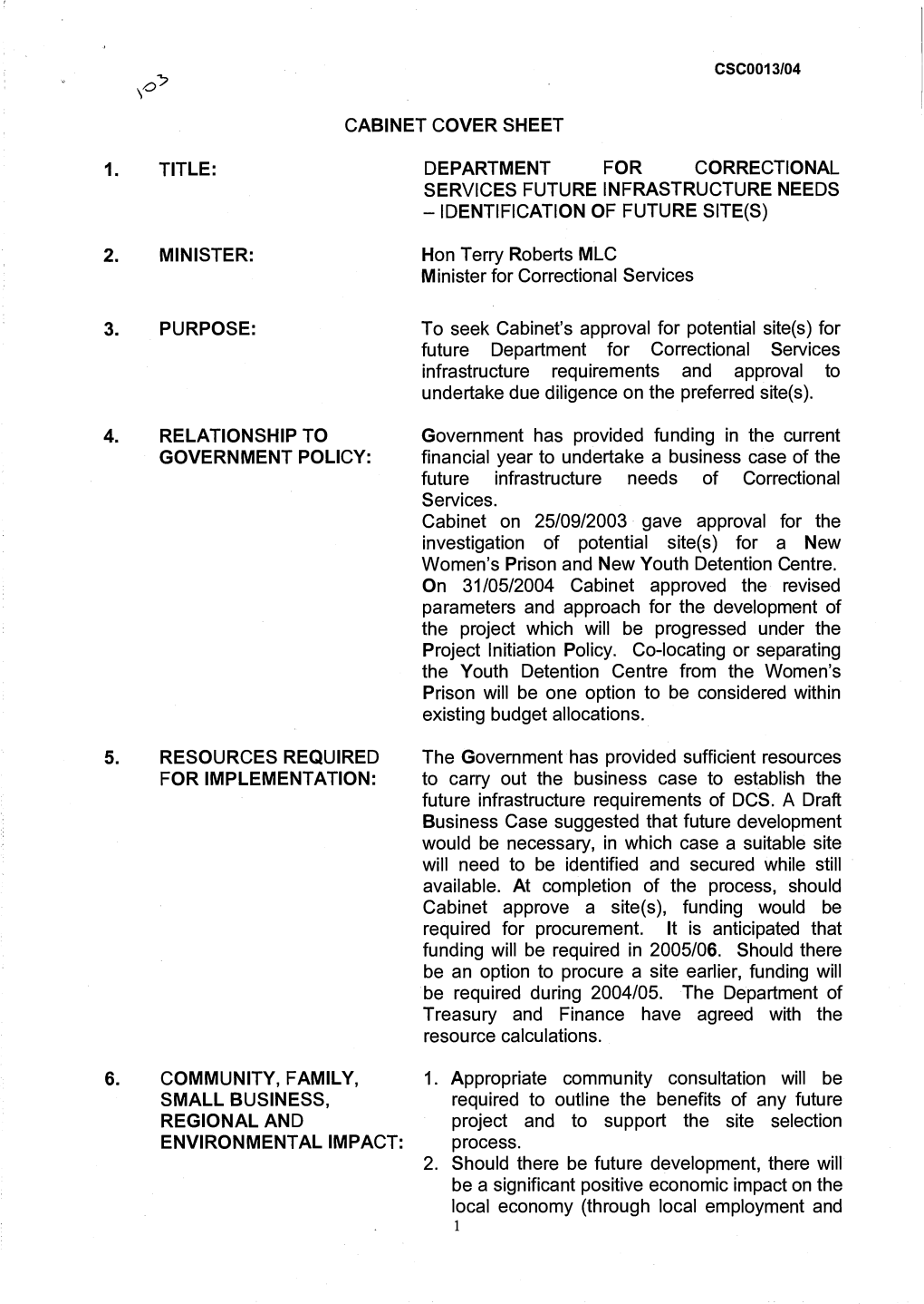 Department for Correctional Services Future Infrastructure Needs - Identification of Future Site(S)