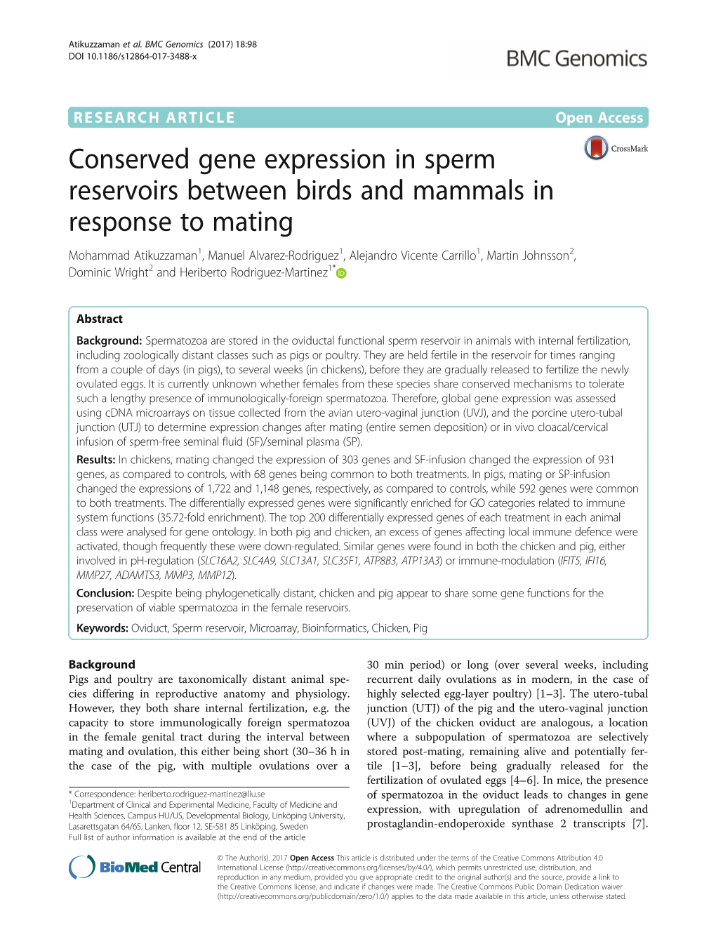 Conserved Gene Expression in Sperm Reservoirs Between Birds and Mammals in Response to Mating