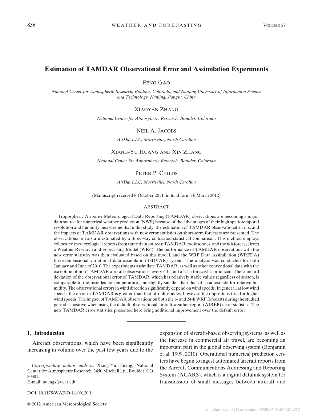 Estimation of TAMDAR Observational Error and Assimilation Experiments