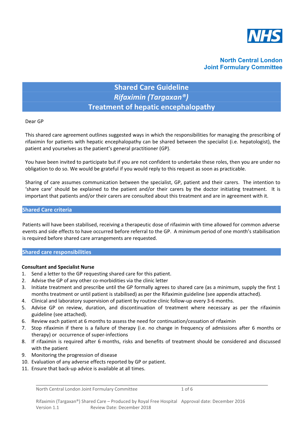 Shared Care Criteria