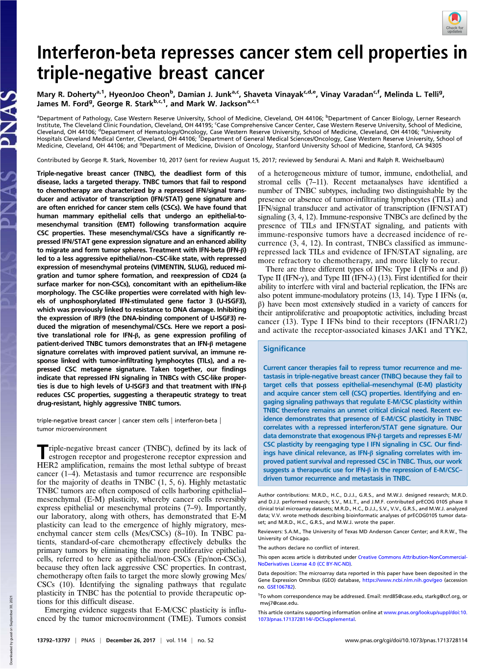 Interferon-Beta Represses Cancer Stem Cell Properties in Triple-Negative Breast Cancer