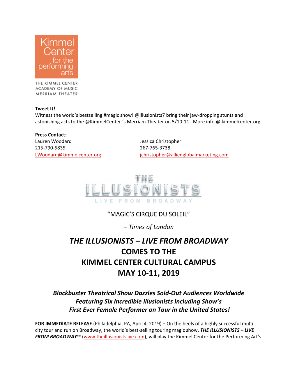 The Illusionists – Live from Broadway Comes to the Kimmel Center Cultural Campus May 10-11, 2019