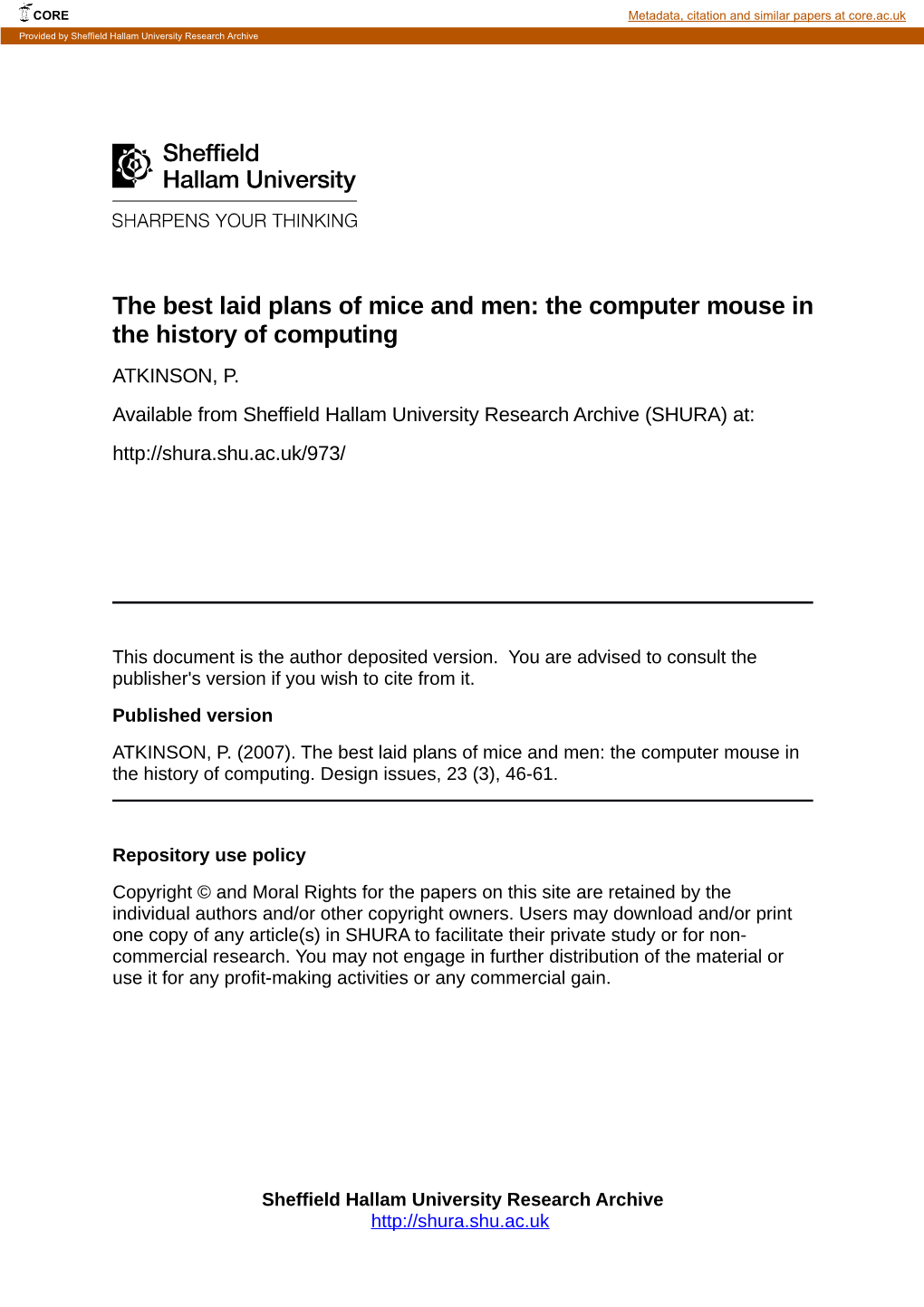 The Computer Mouse in the History of Computing ATKINSON, P