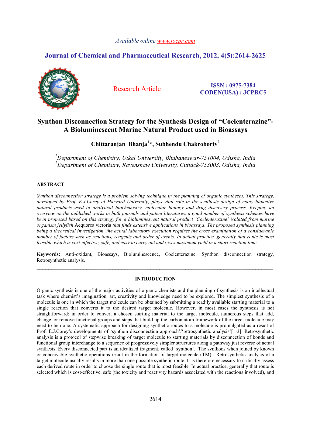 2614-2625 Research Article Synthon Disconnection Strategy for Th