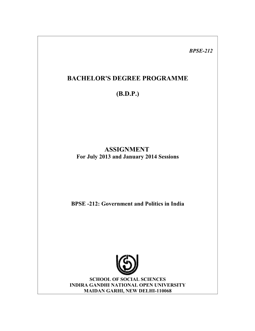 BPSE -212: Government and Politics in India