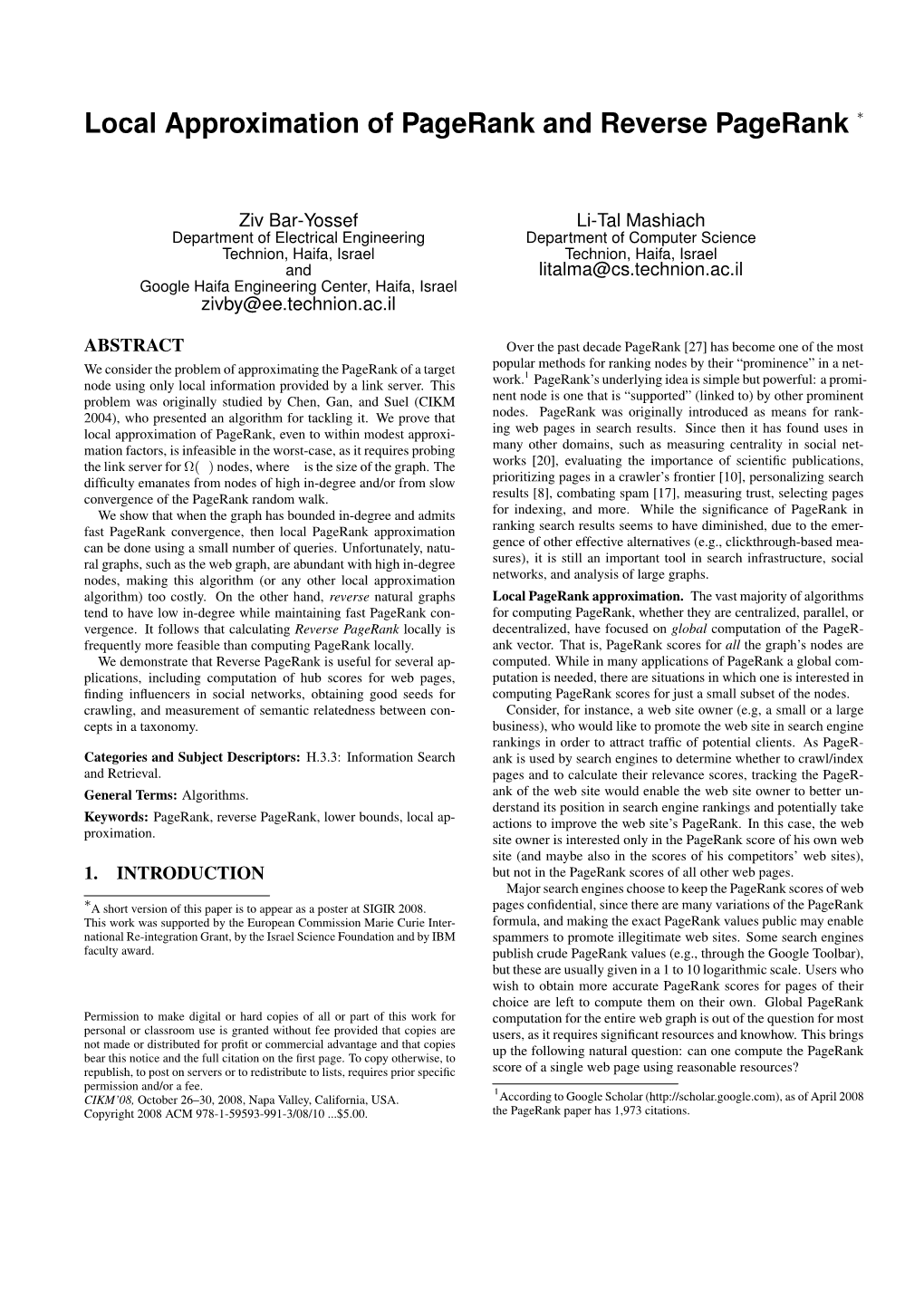 Local Approximation of Pagerank and Reverse Pagerank ∗