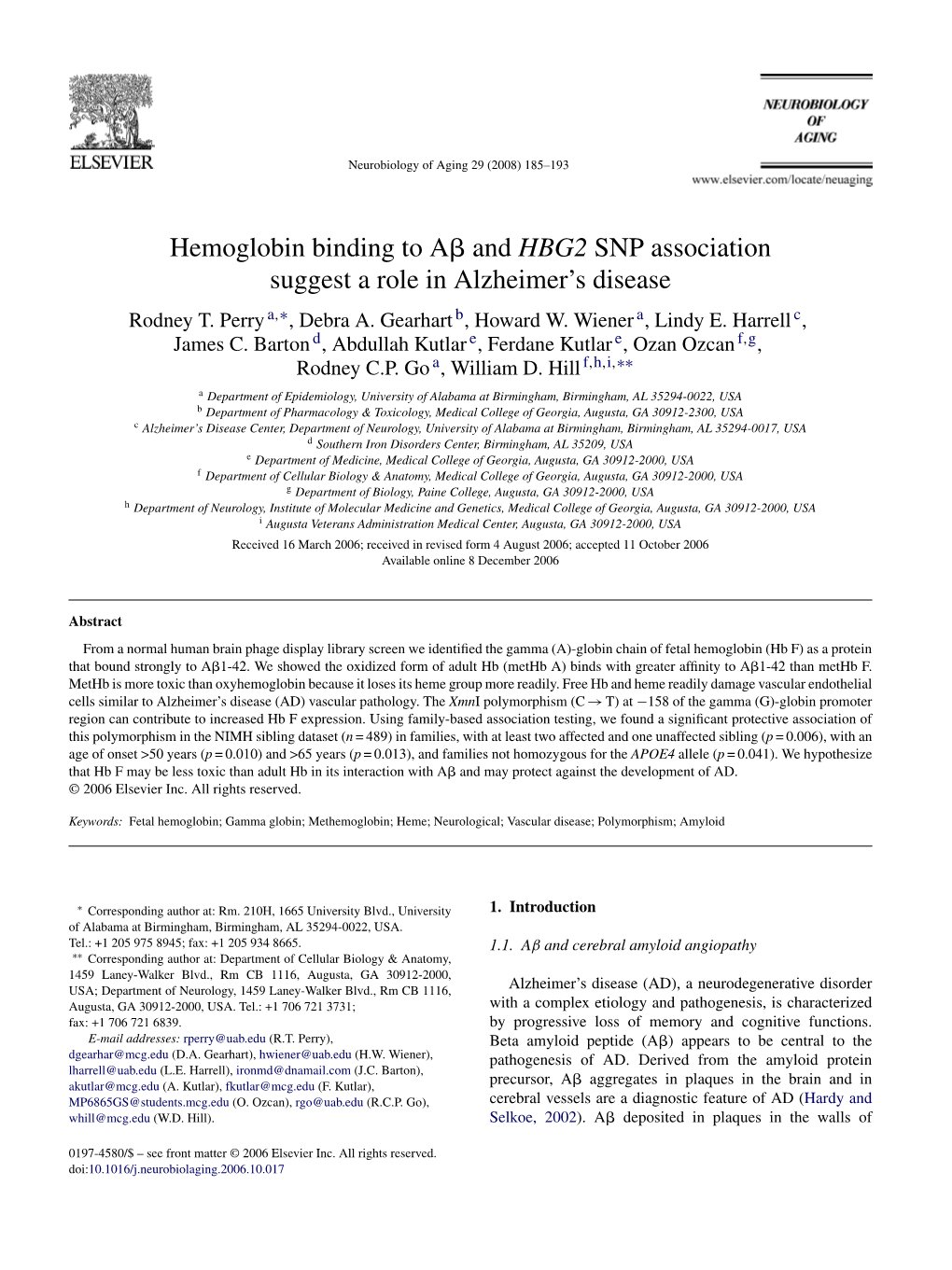 Hemoglobin Binding to Aß and HBG2 SNP Association Suggest a Role In