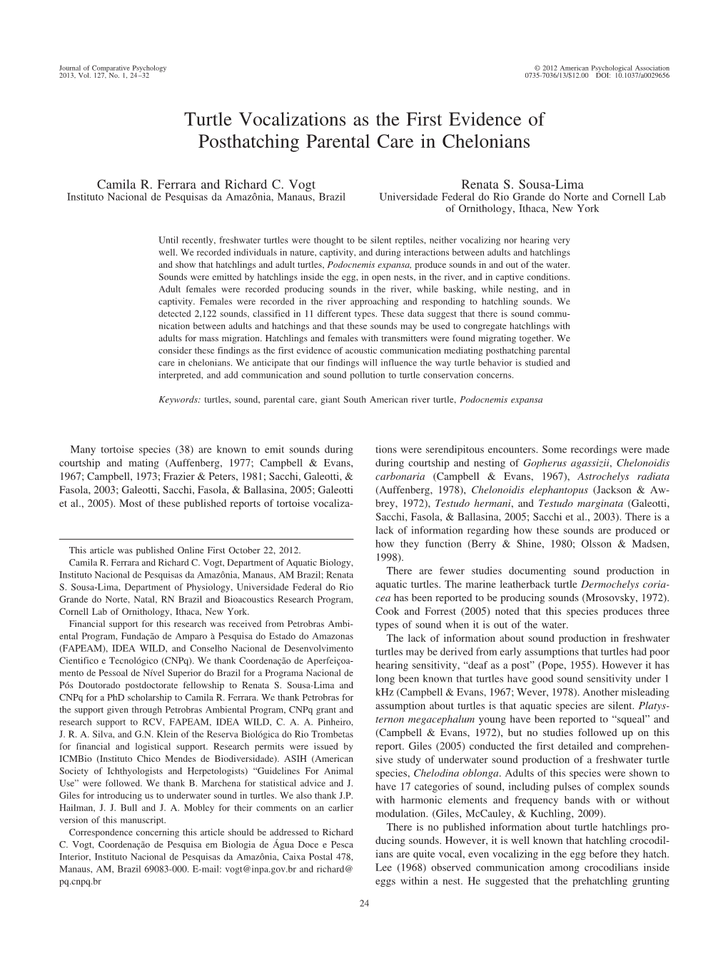 Turtle Vocalizations As the First Evidence of Posthatching Parental Care in Chelonians